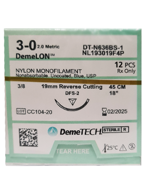DEMELON NYLON SUTURE 3/0 19MM 3/8 R/C 45CM 12S