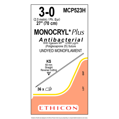 MONOCRYL® Plus Antibacterial Sutures Absorbable Undyed 3-0 70cm - Box/36