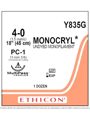 MONOCRYL® Absorbable Sutures Undyed 4-0 45cm PC-1 13mm - Box/12