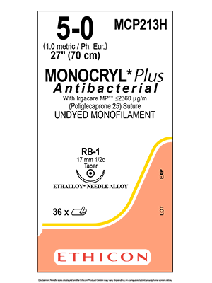 MONOCRYL® Plus Antibacterial Absorbable Sutures Undyed 5-0 70cm RB-117mm - Box/36