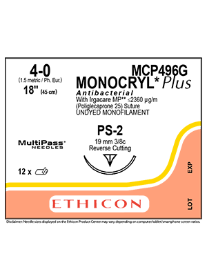 MONOCRYL Plus Antibacterial Absorbable Sutures Undyed 4-0 45cm PS-2 19mm