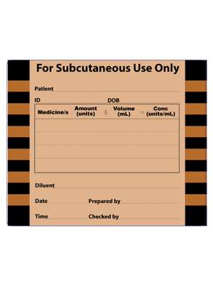 Subcutaneous IV Label Black on Brown 60x50mm Small - Roll/500