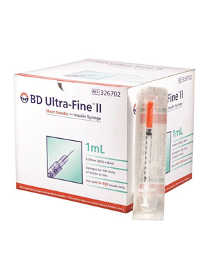 BD Insulin Syringe Short Needle Ultra Fine II Box Of 100 1mL