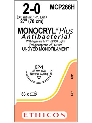 MONOCRYL® Plus Antibacterial Absorbable Sutures Undyed 2-0 70cm CP-1 36mm - Box/36
