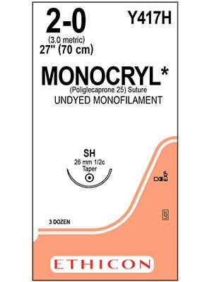MONOCRYL® Poliglecaprone 25 Suture, Undyed 2-0 70cm SH - Box/36